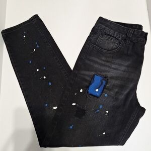 Men's Black Washed Jeans with Blue Paint-Splash Detail